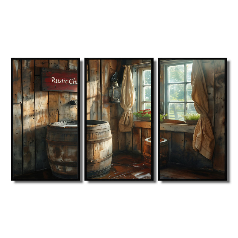 - Ensemble de salon d'art mural rustique, H 28 po x l 36 po x P 1 po, Toile avec cadre flottant noir