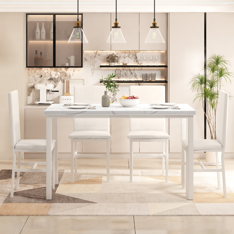 Ensemble repas pour 4 personnes Jepsen, Marbre blanc, Blanc