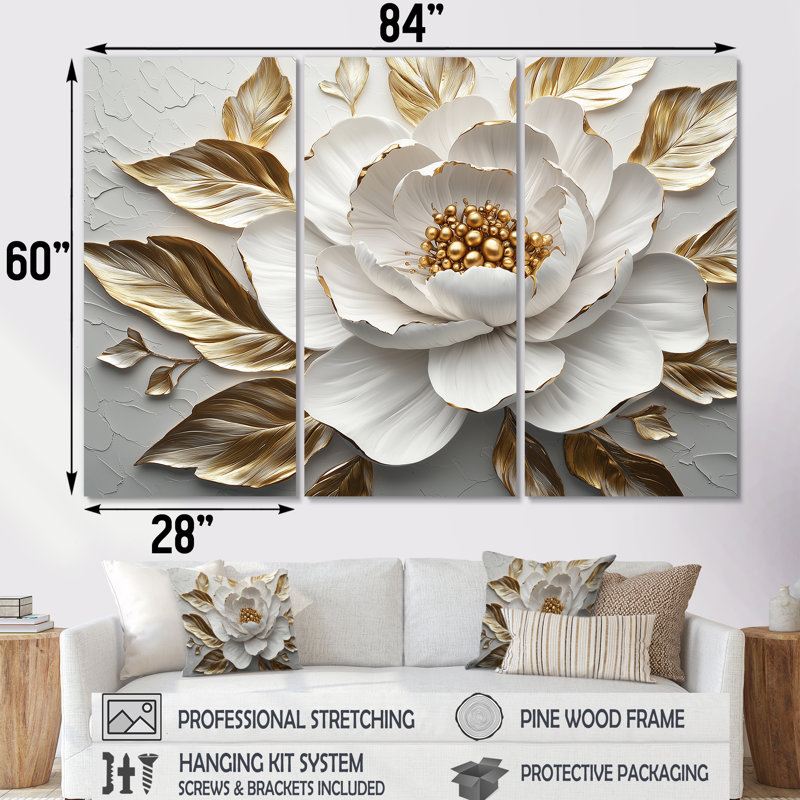 Ensemble de salon art mural pivoines blanches et dorées Bloom III, Toile tendue, H 60 po x l 84 po x P 1,5 po