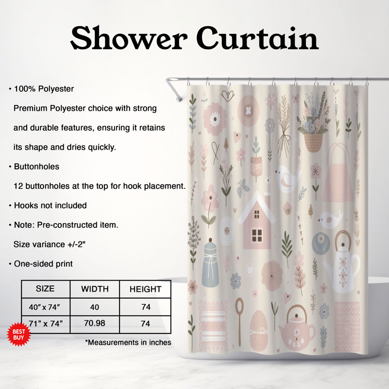 Rideau de douche standard 1 pièce Cottagecore Bliss, H 74 po x l 71 po