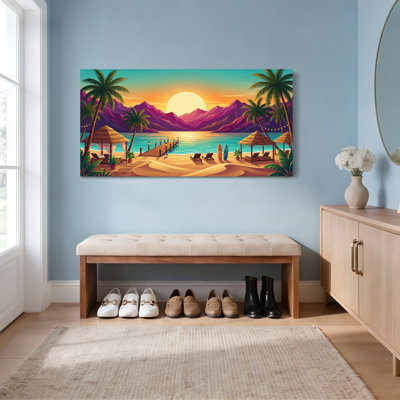Tropical Beach Sunset With Palm Trees And Mountains Canvas Wrapped Wall Art Oil Painting Print Set Of 1