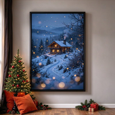 Snowy Cabin on a Winter Hill, Canvas Wall Art, 24 x 16 Inch
