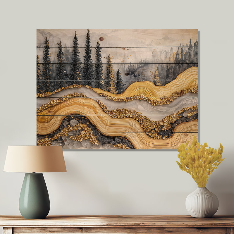 Cristal actuel dans la rivière Golden Forest - Art mural en bois de forêt - sur bois de pin naturel, H 30 po x l 40 po