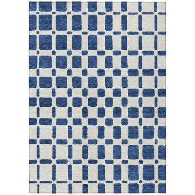 5' X 8' Navy Blue And Ivory Geometric Washable Indoor Outdoor Area Rug