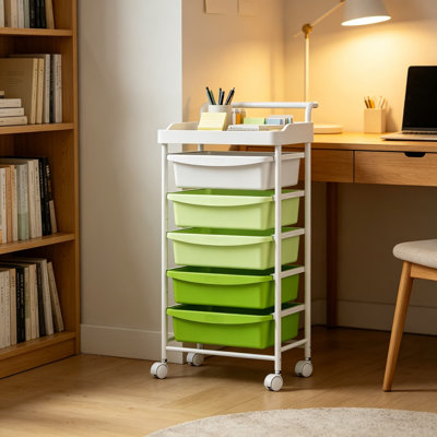 Chariot roulant à cinq tiroirs, organisateur de rangement en plastique avec tiroirs et poignées amovibles, chariot utilitaire pour la classe de bureau à domicile, fournitures d'artisanat, outils, jouets et matériel artistique