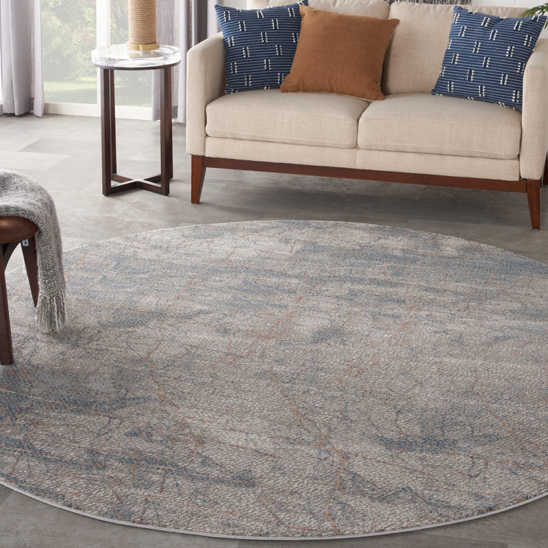 Tapis abstrait gris / bleu, Rond 5 pi