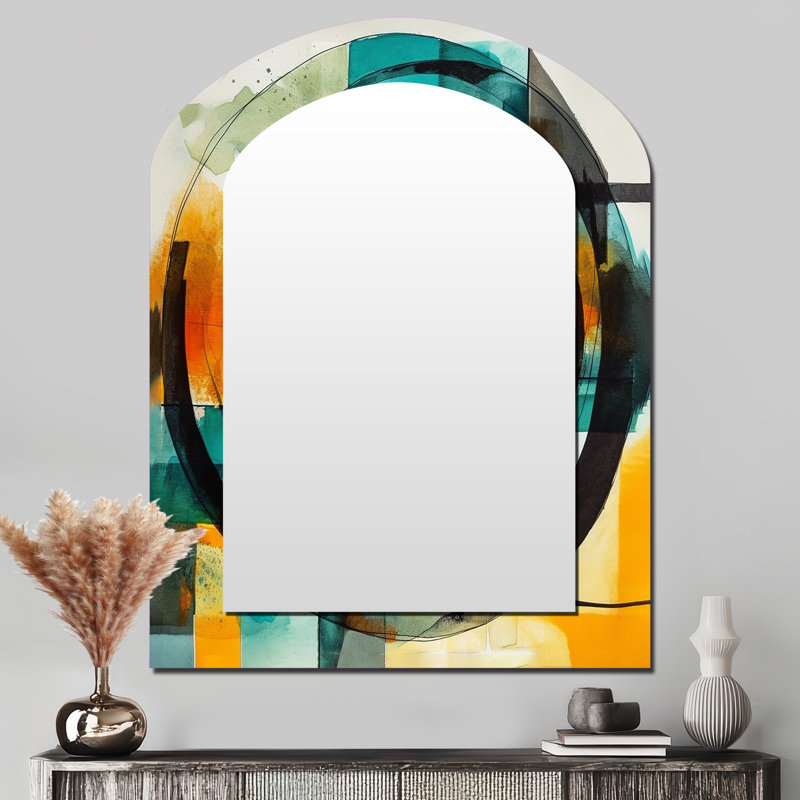 Orange Abstracted Geometric Explorations V - Geometric Asymmetrical Decorative Mirror, Orange Arch Wall Mirror, Printed Metal Art