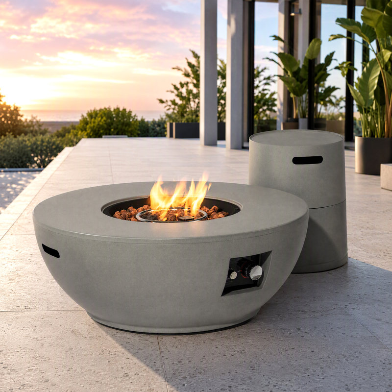 Table ronde au propane de 91 cm (36 po), foyer extérieur au gaz de 50 000 BTU avec structure en acier, support de bouteille dissimulé, pierres de lave, couvercle et housse pour patio, terrasse ou cour arrière - Gris
