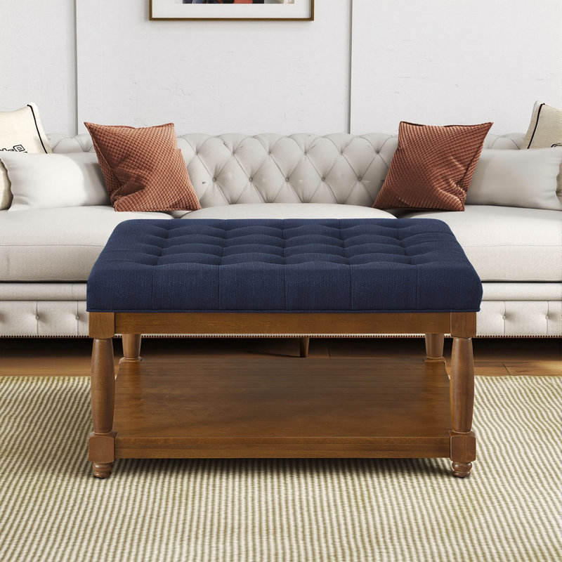 Table basse rembourrée en lin capitonné avec tablette en bois massif, bleu marine | Idée de cadeau, Marine