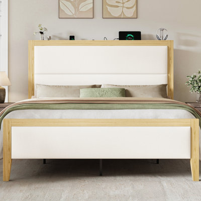 Solid Wood Platform Bed With Upholstered Headboard, White