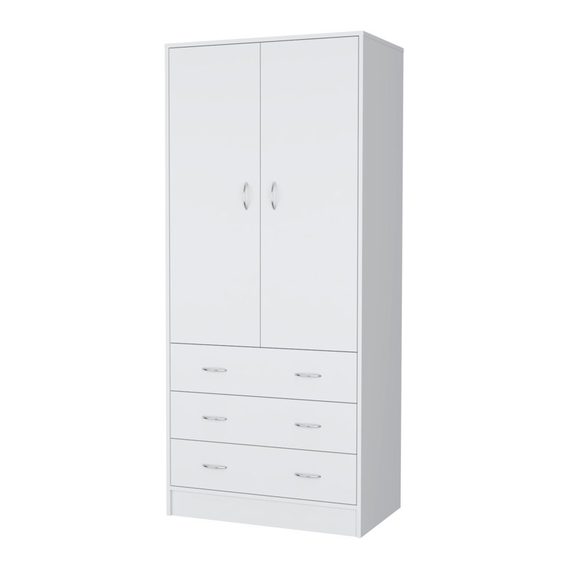 Armoire Aret avec tringle, trois tiroirs et rangement à deux portes - blanc, Blanc