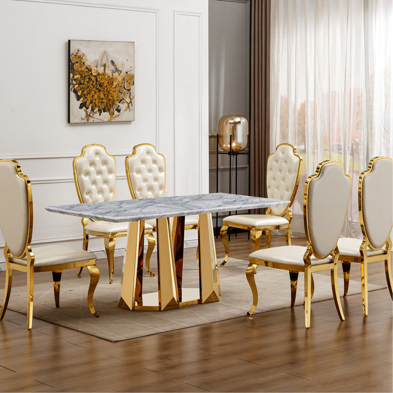 Table de salle à manger rectangulaire en faux marbre avec base en acier inoxydable et pieds en miroir, Doré, Gris