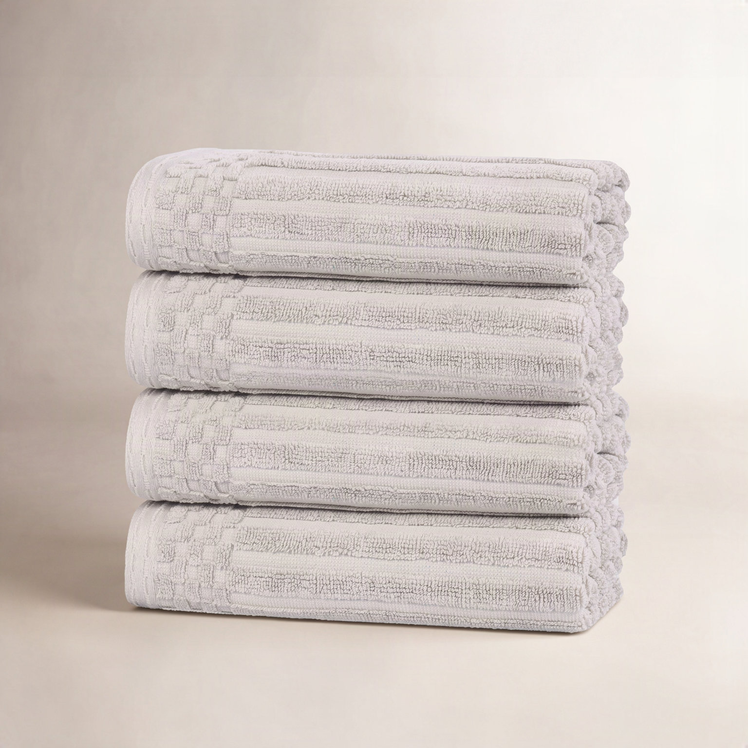 Checkered Border Cotton Hand Towel Set, Silver