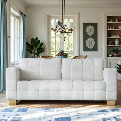 SOFA  Contemporary Beige Chenille Couch, Deep-Seat 3-Person Sofa With Wide Armrests & Brushed Stainless-Steel Block Legs Soft Upholstered Sofa For Living Room