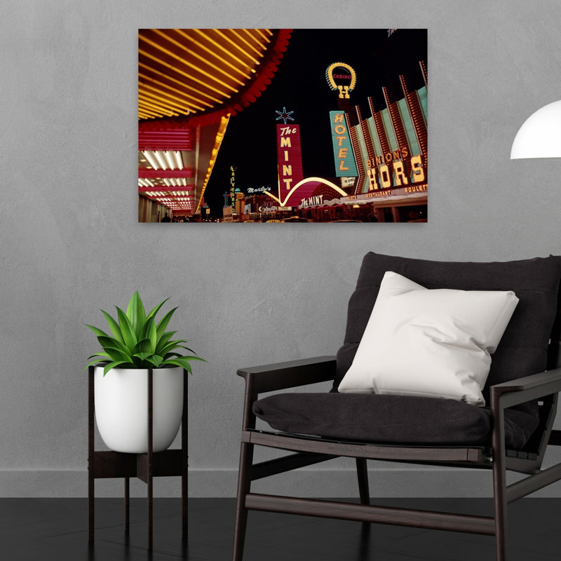 Scène de nuit des années 1960, art mural rétro classique du centre-ville de Las Vegas, 16" H x 24" W
