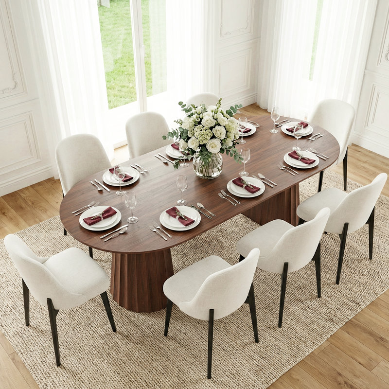 Table Ã  manger ovale moderne Ã  double pied central en bois, 79 po, avec piÃ¨tement en bois massif, pour 8 personnes, Noyer