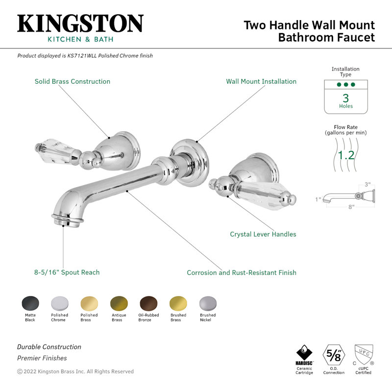 Kingston Brass Wilshire Two-Handle 3-Hole Wall Mount Bathroom Faucet, Black/Brushed Nickel