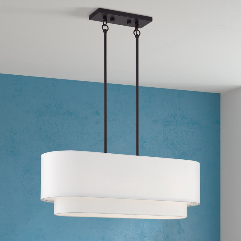 3 Light Bronze Medium Linear Chandelier With Hand Crafted Off-White Hardback Shades, Bronze