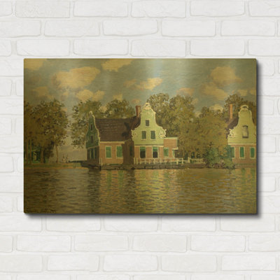 «Maisons au bord de la rivière Zaan» par Claude Monet, art mural en métal doré, 36 po x 24 po
