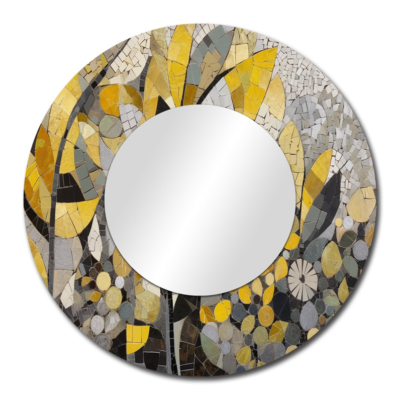 Packan jaune et gris motifs en fusion artistique - miroir mural décoratif mosaïque Boho, grand miroir rond jaune, impression sur métal