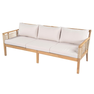 Patio Acacia Wood 3-Seater Sofa, Outdoor Hand Woven Rope Sofa with Cushions and Pillows for Garden, Backyard, Poolside
