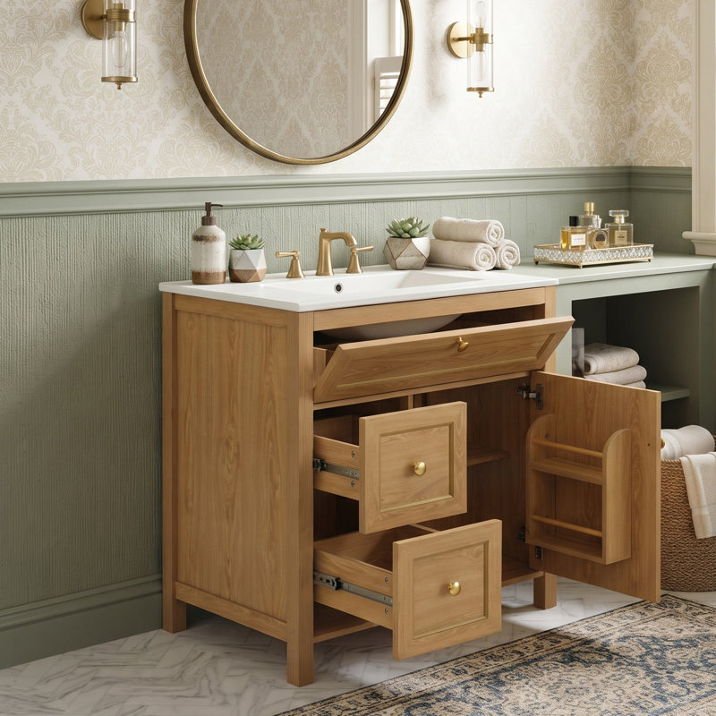 Meuble-lavabo moderne en bois massif cannelé de 30 po avec lavabo en céramique à 3 trous, supports de rangement à deux portes, bois naturel