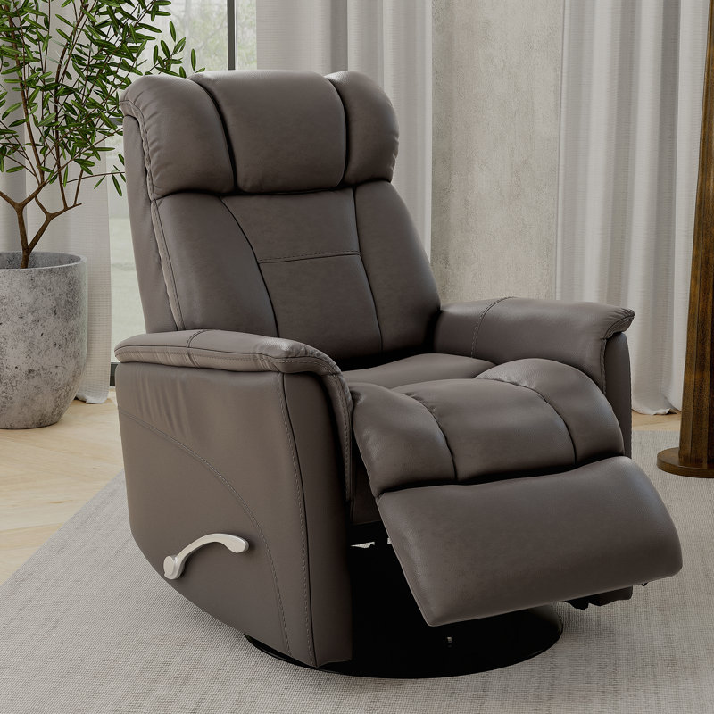 Global Home Swivel Glider Recliner With Manual Adjustable Headrest & Footrest In Faux Leather Bentley Grey