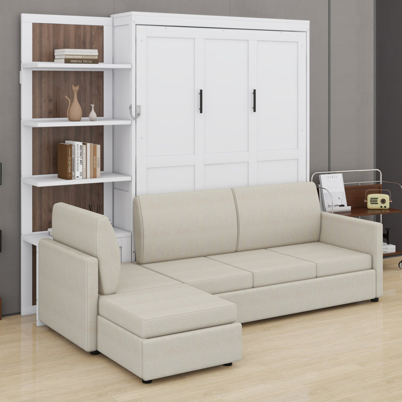 Grand lit escamotable mural avec canapé et tablettes, conception compacte pour petits appartements et studios, Blanc ; beige
