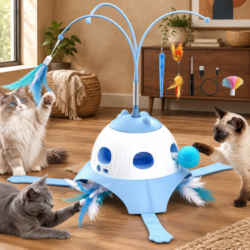 En bleu, ce jouet interactif 3 en 1 pour chat combine le jeu du tape-taupe avec une baguette à plumes rotative et une queue en peluche.