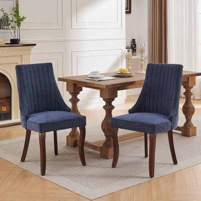 Chaises de salle à manger en rayonne et en lin pour salle à manger avec pieds incurvés en bois massif (bleu)