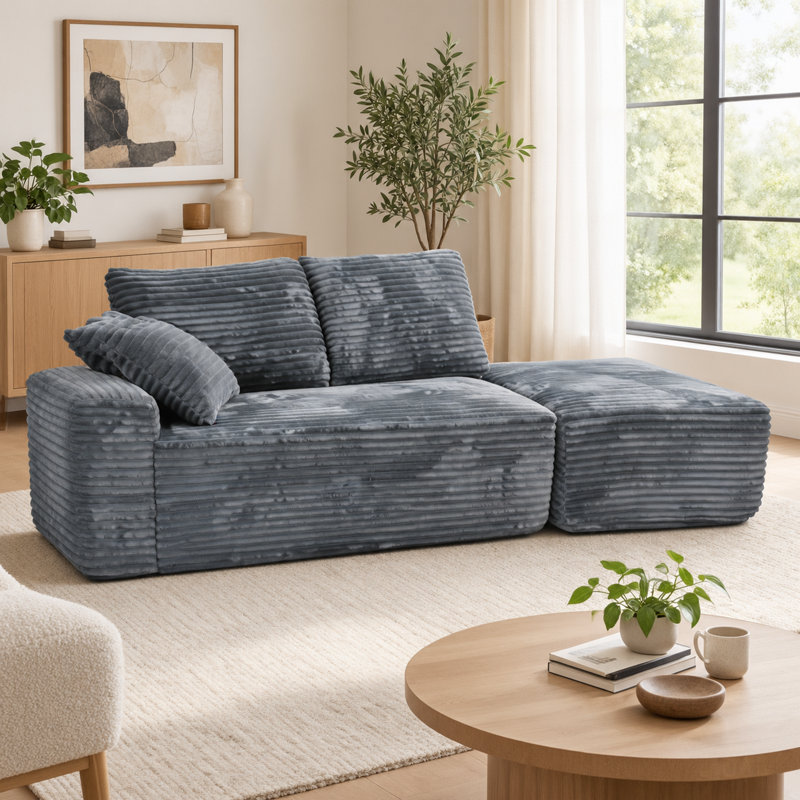 Canapé d'angle modulaire en velours côtelé gris avec pouf, petit canapé nuage avec assise profonde et 3 coussins, méridienne orientée à gauche