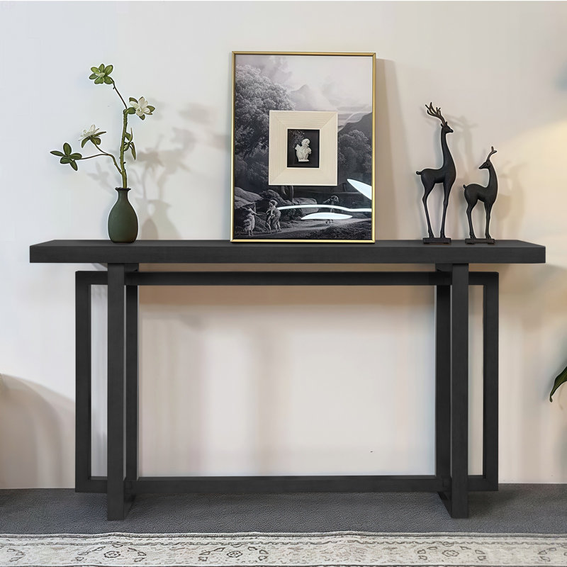 Console étroite 59 po - Pied rectangulaire en bois d'hévéa, noir, Noir