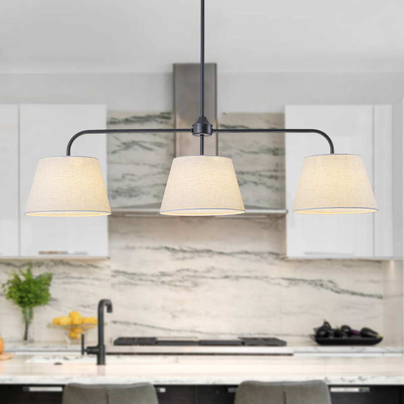 3-light Modern Linear Linen Drum Pendant, Matte Black