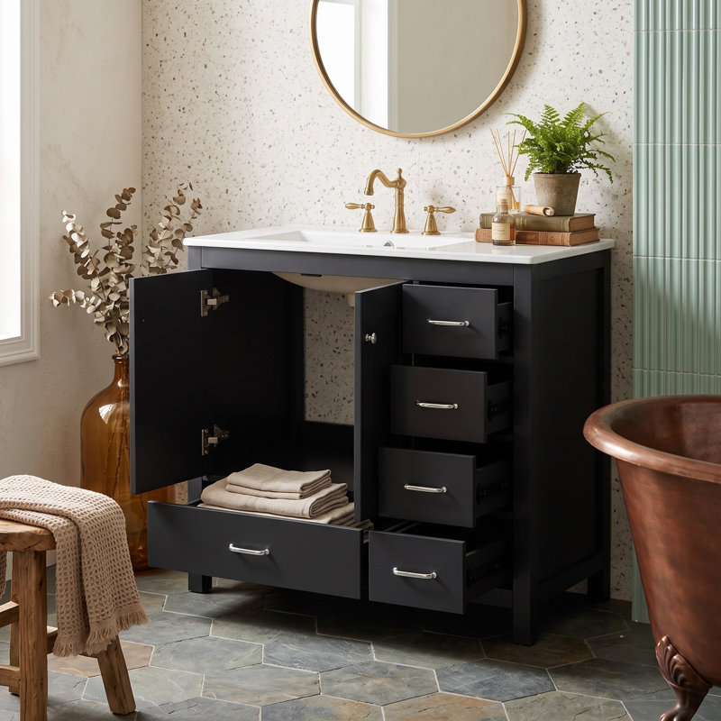 Ensemble de meuble-lavabo simple autoportant avec 5 tiroirs, Noir