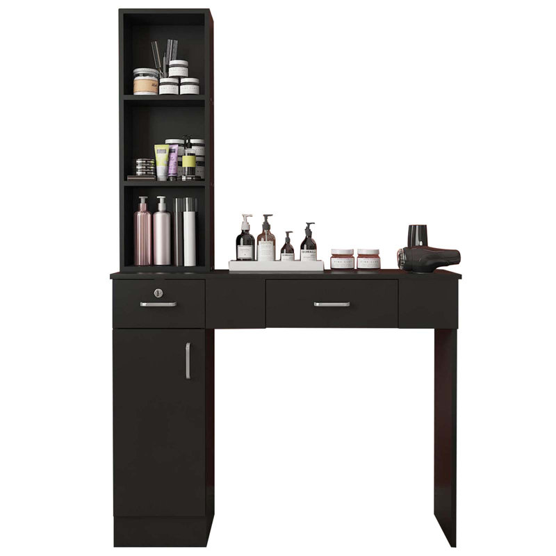 Meghana Makeup Vanity Salon Stations for Hair Stylist Locking Wall Mount Barber Station, 67'' H X 11.8'' W X 40.6'' D, Black