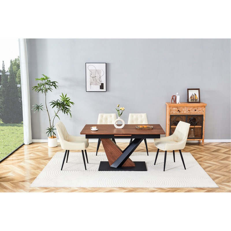 Table de salle à manger Scratch - extensible + placage en bois massif, base en métal en croix, table rectangulaire extensible en noyer foncé pour agencement de cuisine, plateau de table, pieds