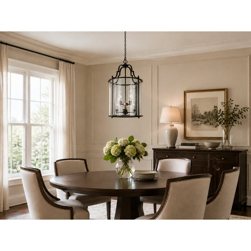 Luminaire suspendu lanterne en chrome 8 lumières avec abat-jour en verre, H 27 po x l 17 po x P 17 po, Chrome