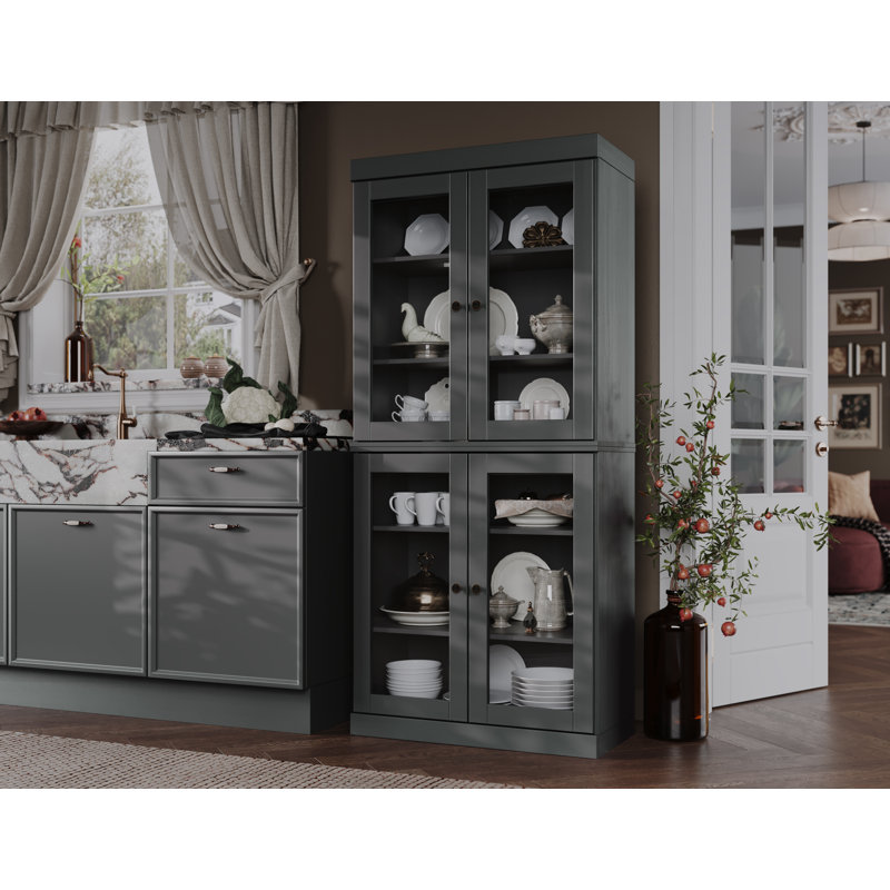 Garde-manger 32 po Kaniesha en bois massif avec portes en verre transparent et tablettes réglables, Gris