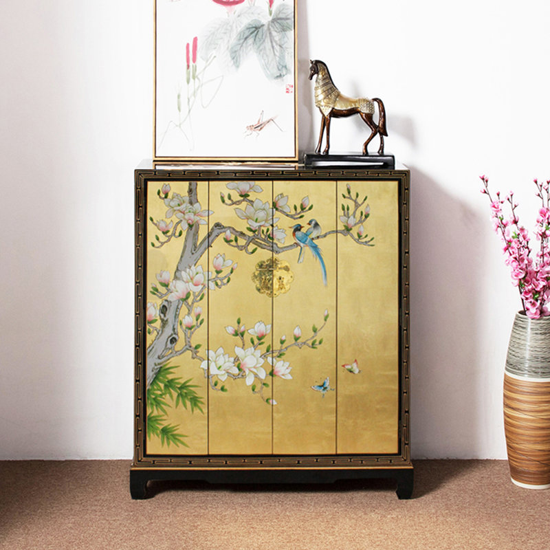 Chinese Solid Wood Gold Foil Shoe Cabinet 25 Pair Shoe Storage Cabinet