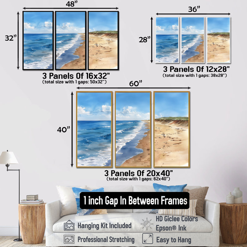 Italian Beachside Shores - Ensemble d'art mural plage, Toile avec cadre flottant noir, H 32 po x l 48 po x P 1 po