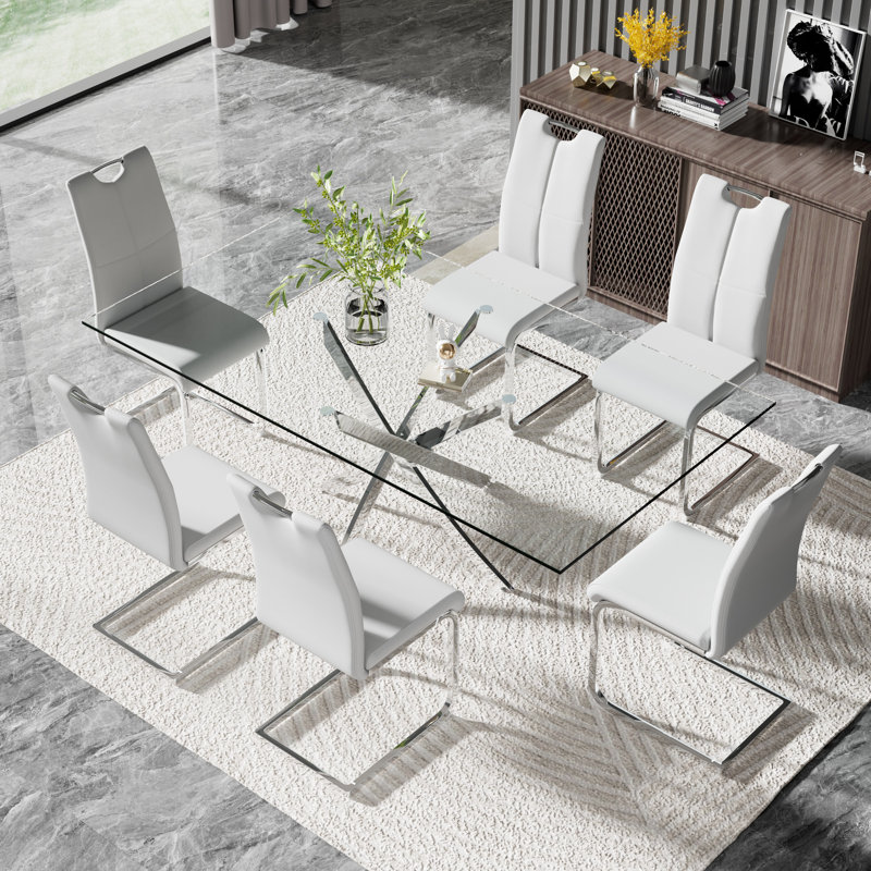 Gracieleigh Glass Top Pedestal Dining Set, Silver, 7, Gray/Silver