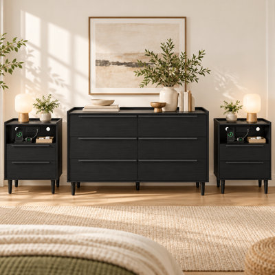 Ensemble de meubles de chambre modernes noirs 3 pièces comprenant une commode à 6 tiroirs et 2 tables de chevet avec stations de recharge