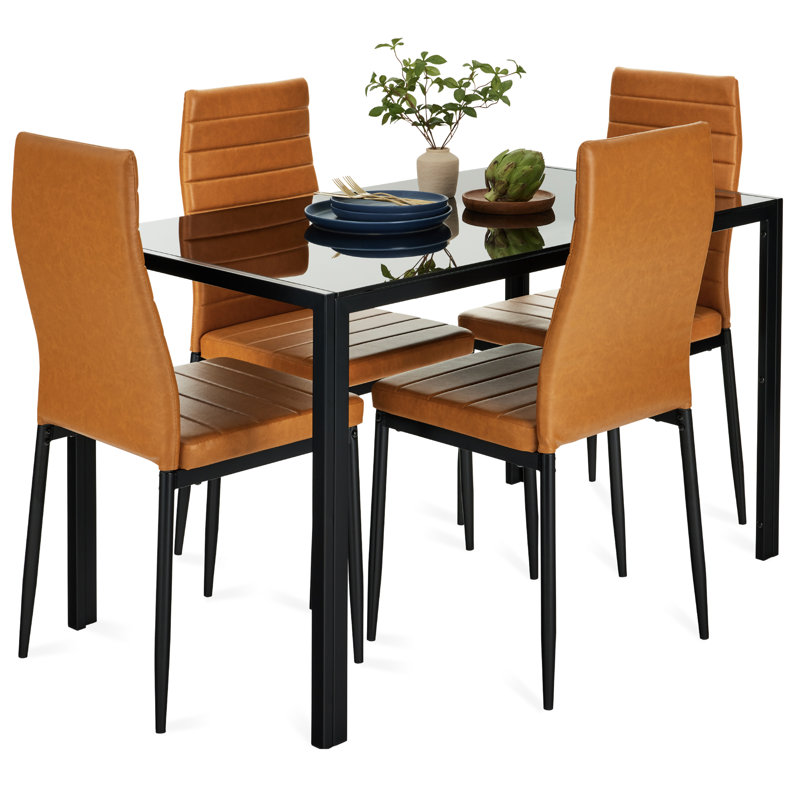 Hekimhan 5-Piece Kitchen Dining Table Set w/ Glass Tabletop, 4 Faux Leather Chairs, Black, Black
