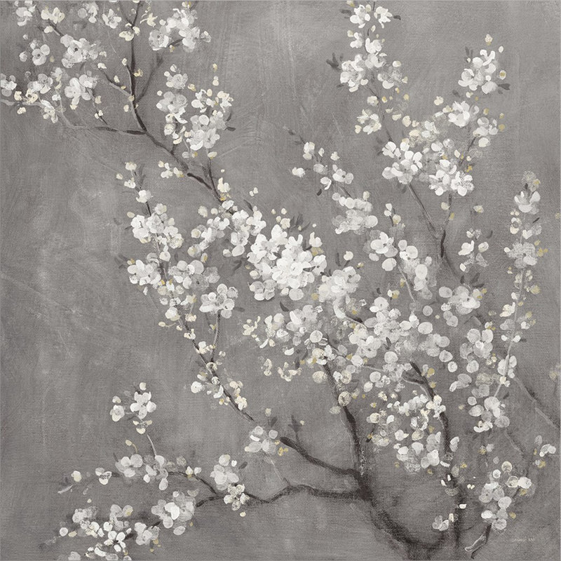 «White Cherry Blossoms II On Grey Crop» par Danhui Nai, art mural encadré, H 19,5 po x l 19,5 po x P 1 po