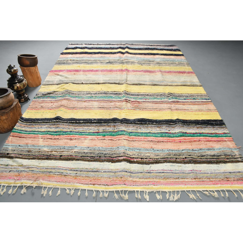 Vintage Handwoven Yellow Kilim Rug - Authentic Turkish Oushak Design Antique Kilim Decor Blue/Yellow