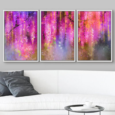 «Mauve et doré, aquarelle et paillettes», 3 pièces sur toile