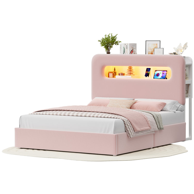 Structure de lit tapissier, lit de rangement avec DEL et station de charge, Complète, Rose