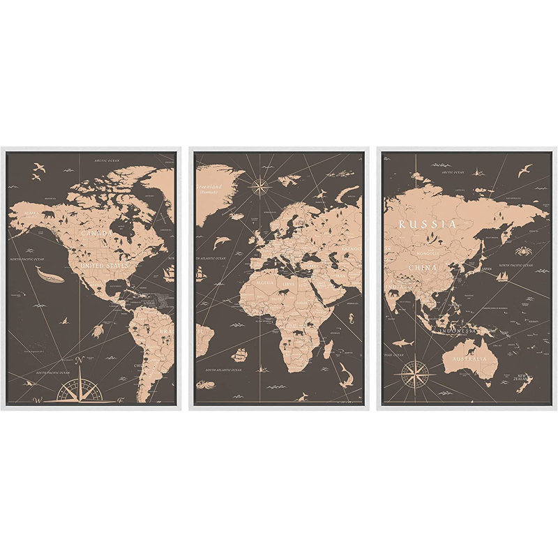 «World Map Sepia Global Country», ensemble de 3 reproductions sur toile, H 36 po x l 72 po, Reproduction avec cadre flottant