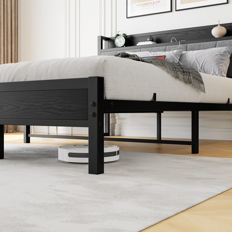 Bed Frame, Storage Headboard With Charging Station, Solid And Stable, Noise Free, No Box Spring Needed, Easy Assembly, Queen