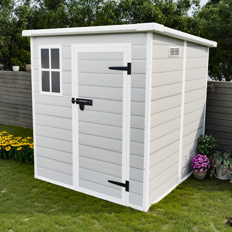 Remise de rangement extérieure 6 x 6 pi, résine imperméable, avec fenêtre, portes verrouillables pour la pelouse, jardin en polypropylène pi, évents